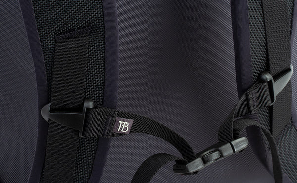 A close shot of the sternum strap attached to the shoulder straps.